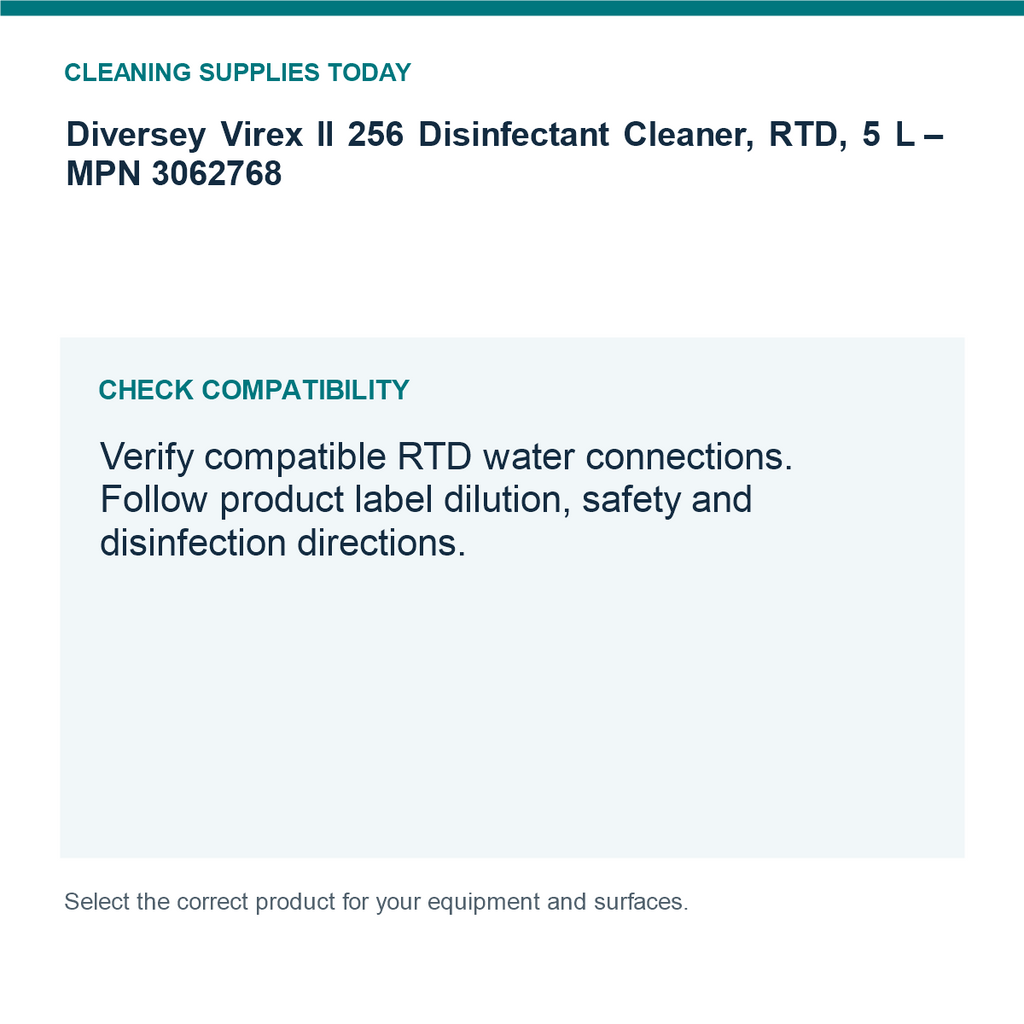 Diversey Virex II 256 Disinfectant Cleaner, RTD, 5 L – MPN 3062768 — compatibility guide