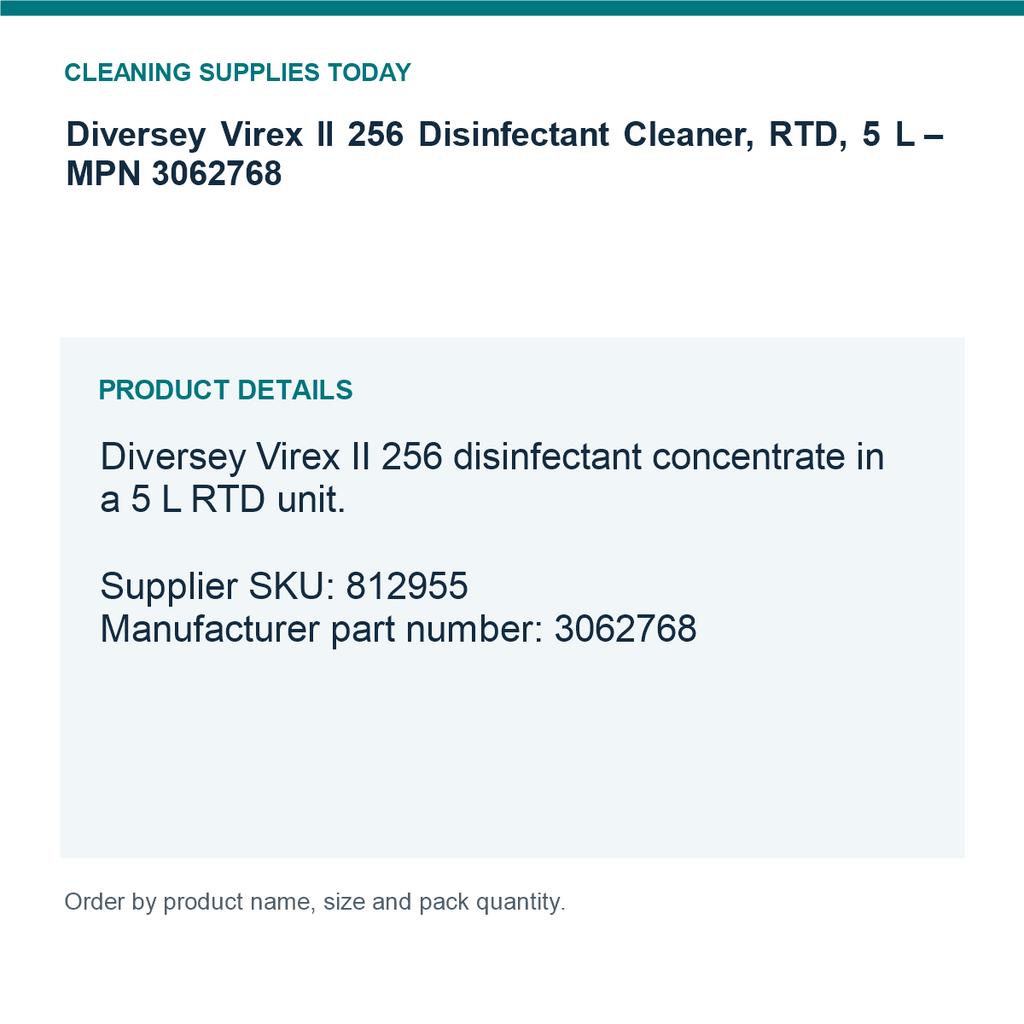 Diversey Virex II 256 Disinfectant Cleaner, RTD, 5 L – MPN 3062768 — details guide