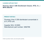 Diversey Virex II 256 Disinfectant Cleaner, RTD, 5 L – MPN 3062768 — details guide