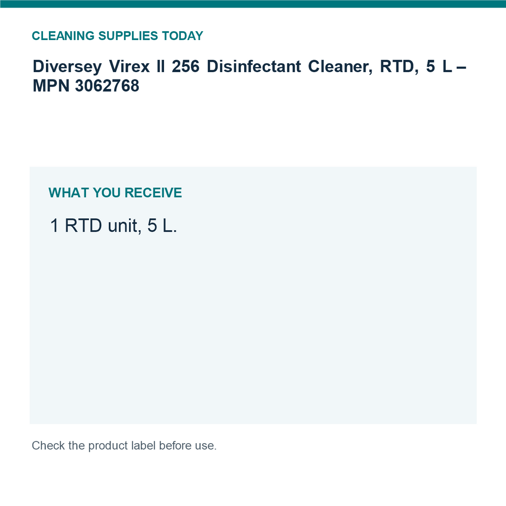 Diversey Virex II 256 Disinfectant Cleaner, RTD, 5 L – MPN 3062768 — pack guide