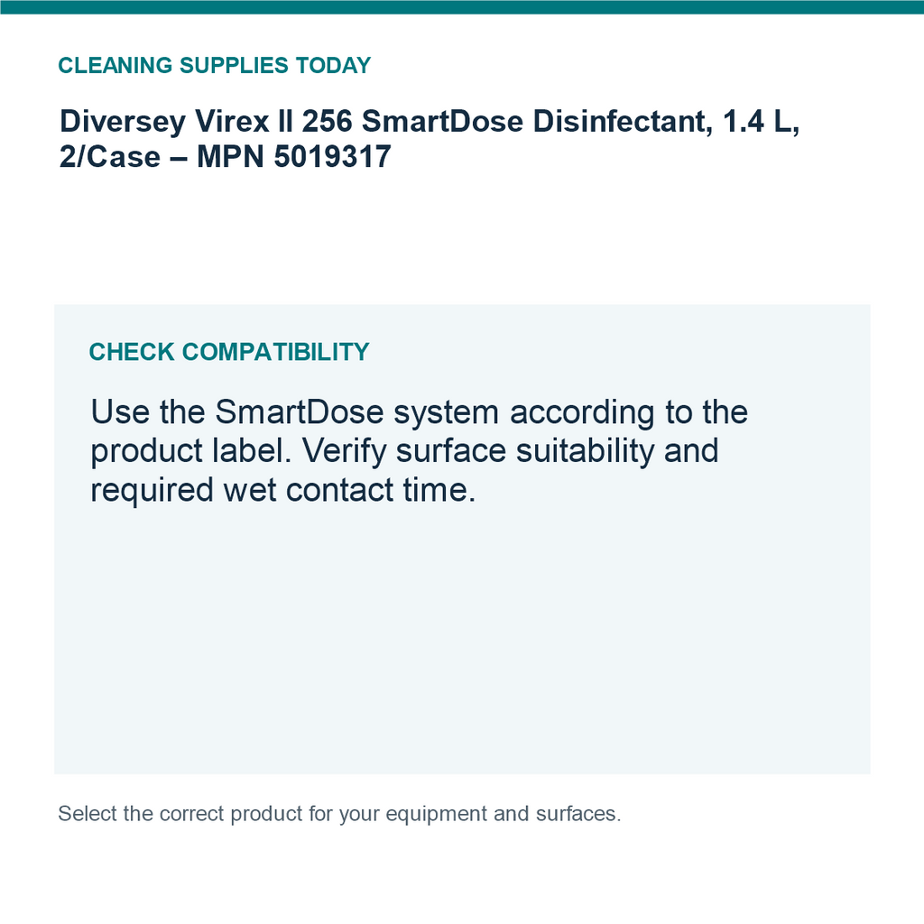 Diversey Virex II 256 SmartDose Disinfectant, 1.4 L, 2/Case – MPN 5019317 — compatibility guide