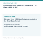 Diversey Virex II 256 SmartDose Disinfectant, 1.4 L, 2/Case – MPN 5019317 — details guide