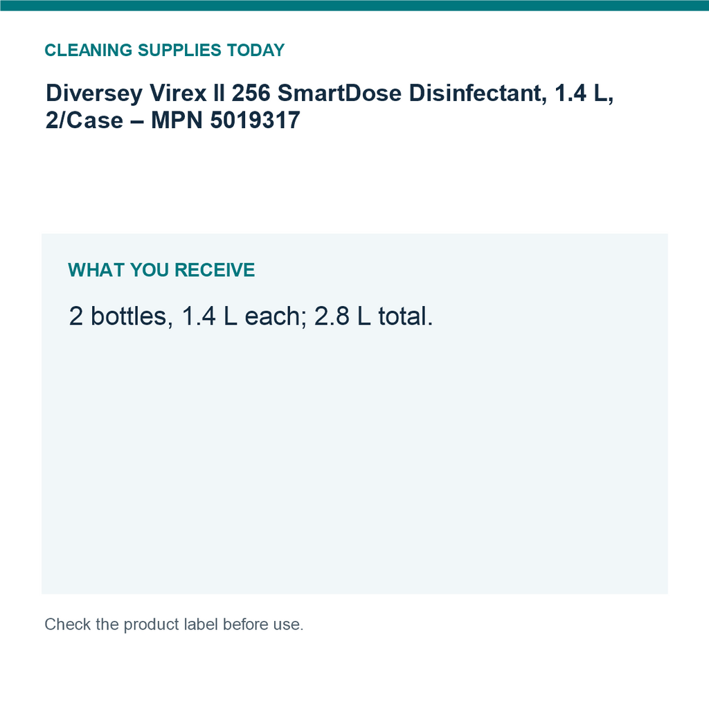 Diversey Virex II 256 SmartDose Disinfectant, 1.4 L, 2/Case – MPN 5019317 — pack guide