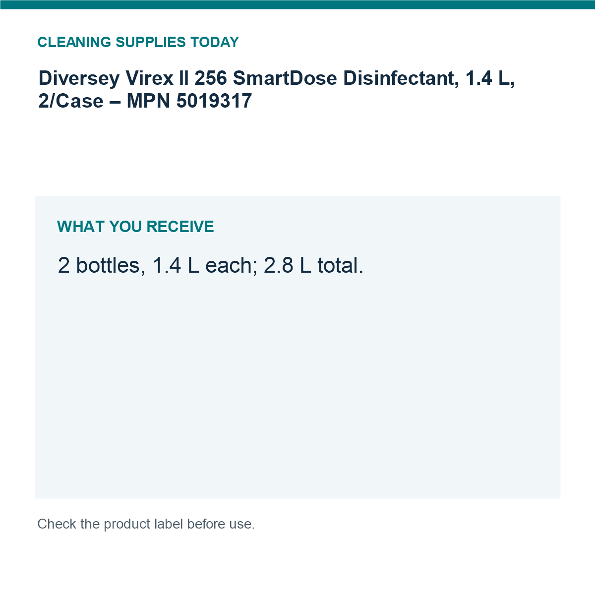 Diversey Virex II 256 SmartDose Disinfectant, 1.4 L, 2/Case – MPN 5019317 — pack guide
