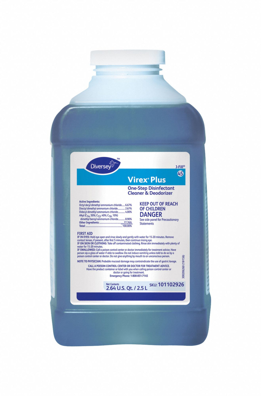Diversey Virex Plus 2.5 L J-Fill bottle label, MPN 101102926