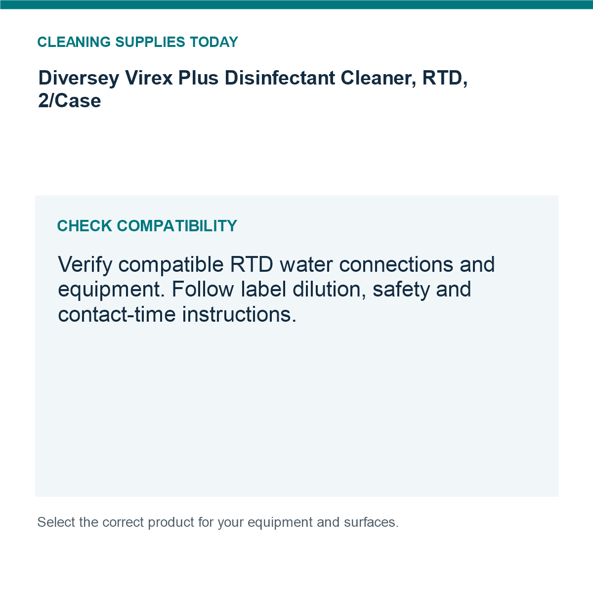 Diversey Virex Plus Disinfectant Cleaner, RTD, 2/Case — compatibility guide