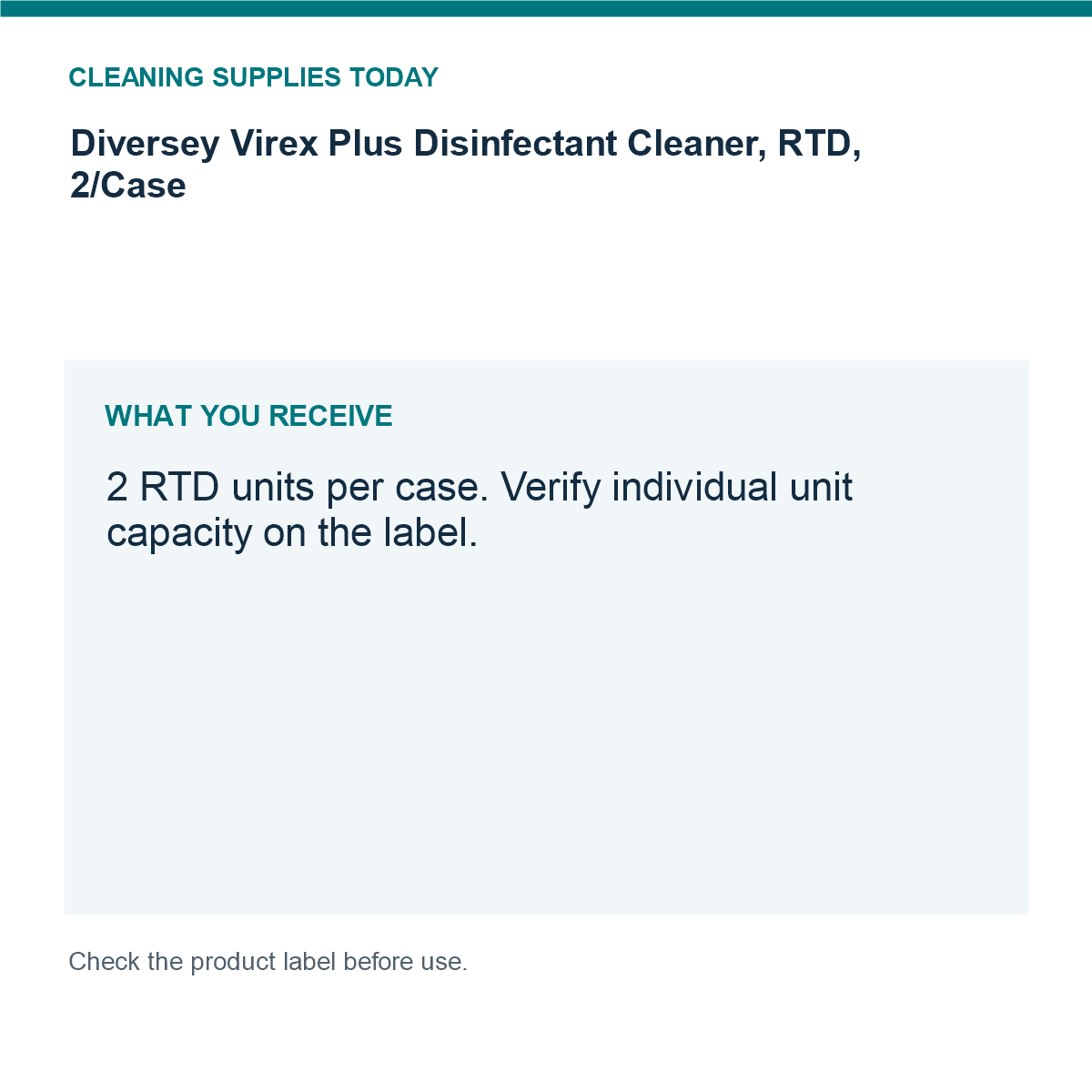 Diversey Virex Plus Disinfectant Cleaner, RTD, 2/Case — pack guide