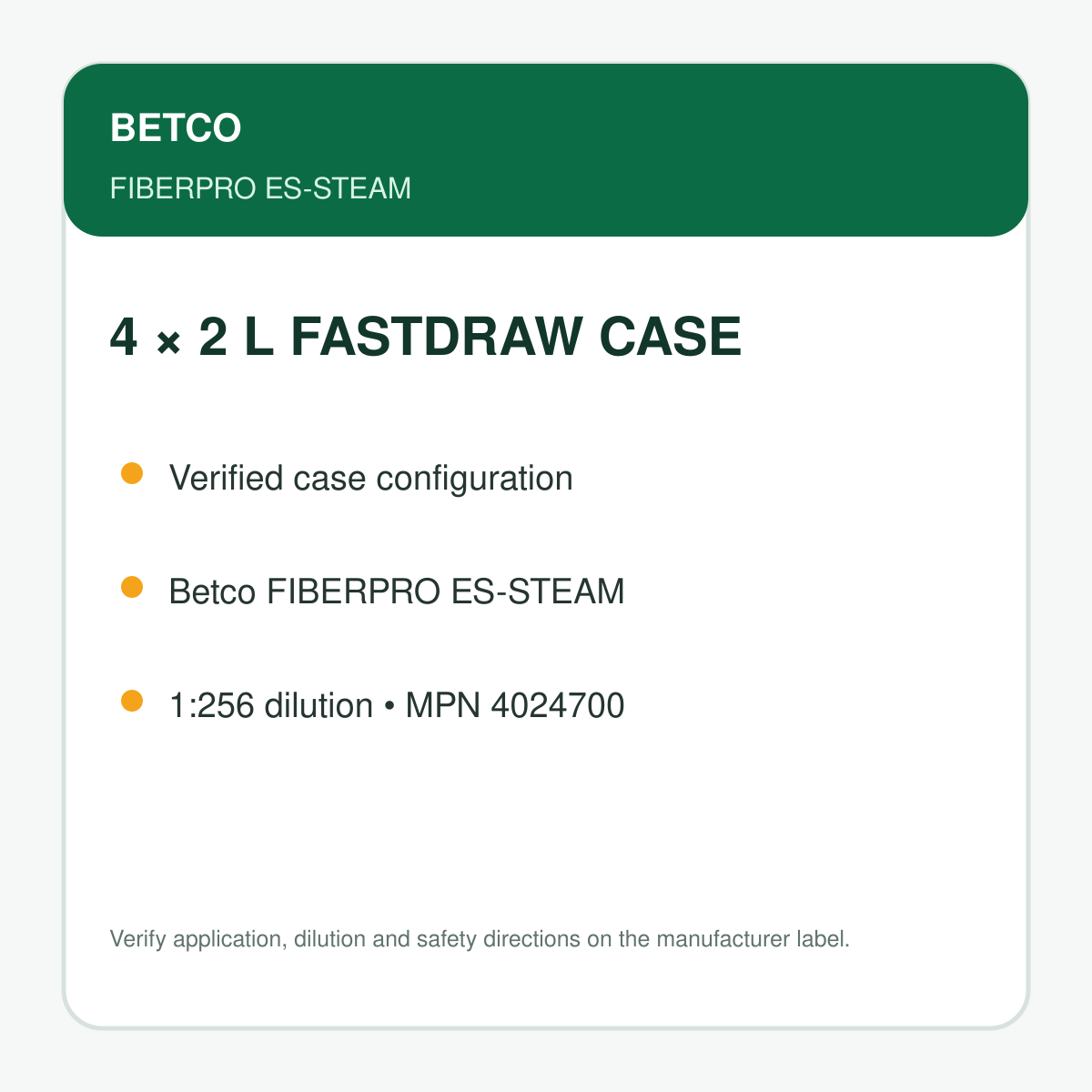 Betco FiberPro ES-Steam case configuration: four 2 L containers