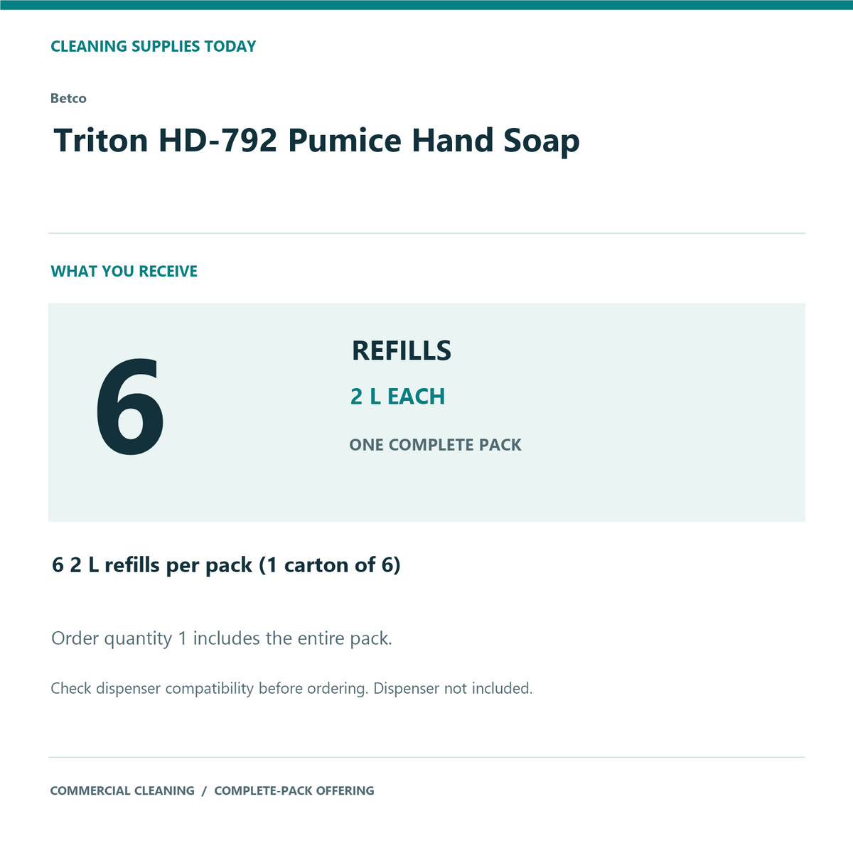 Betco Triton HD-792 Pumice Hand Soap, 2 L – 6-Refill Pack – complete pack quantity
