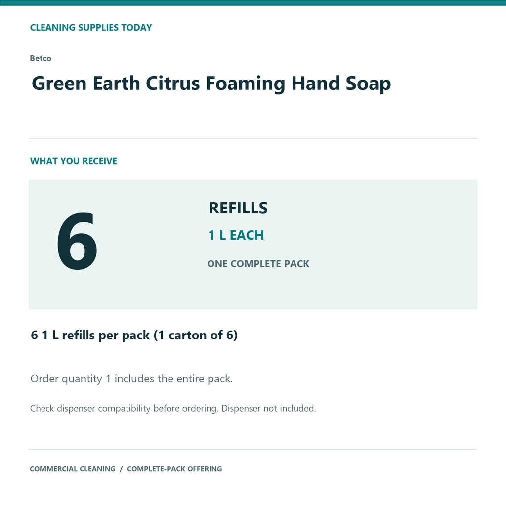 Betco Green Earth Citrus Foaming Hand Soap, 1 L – 6-Refill Pack – complete pack quantity