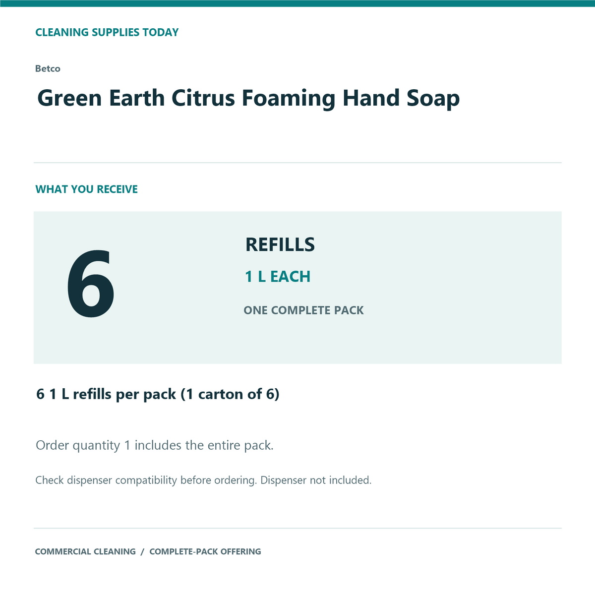 Betco Green Earth Citrus Foaming Hand Soap, 1 L – 6-Refill Pack – complete pack quantity