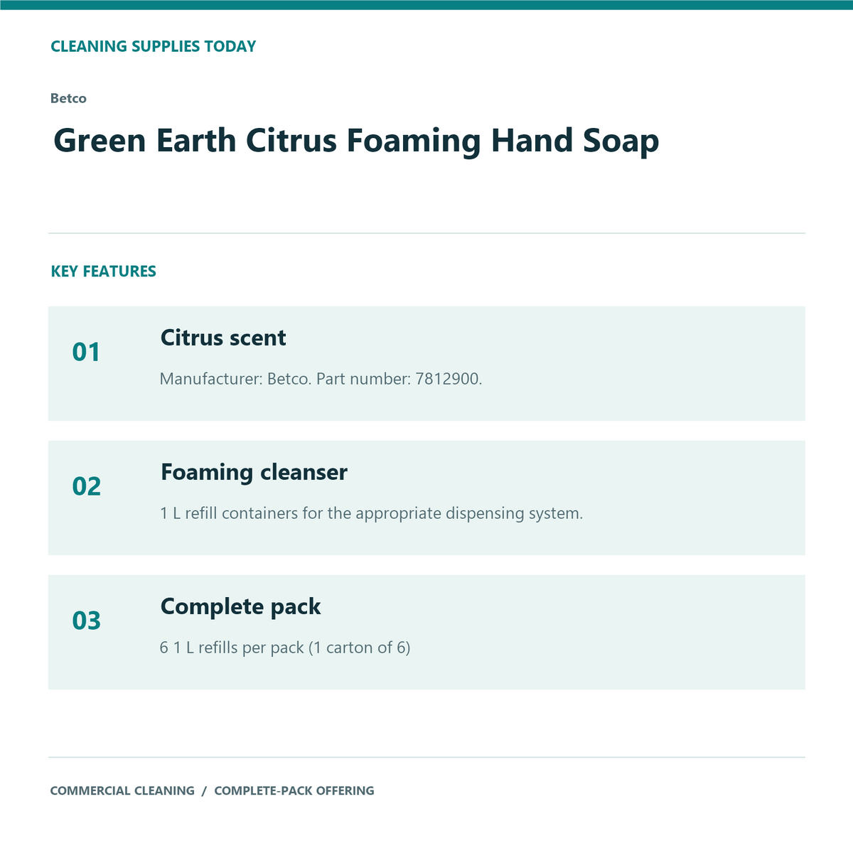 Betco Green Earth Citrus Foaming Hand Soap, 1 L – 6-Refill Pack – features and specifications