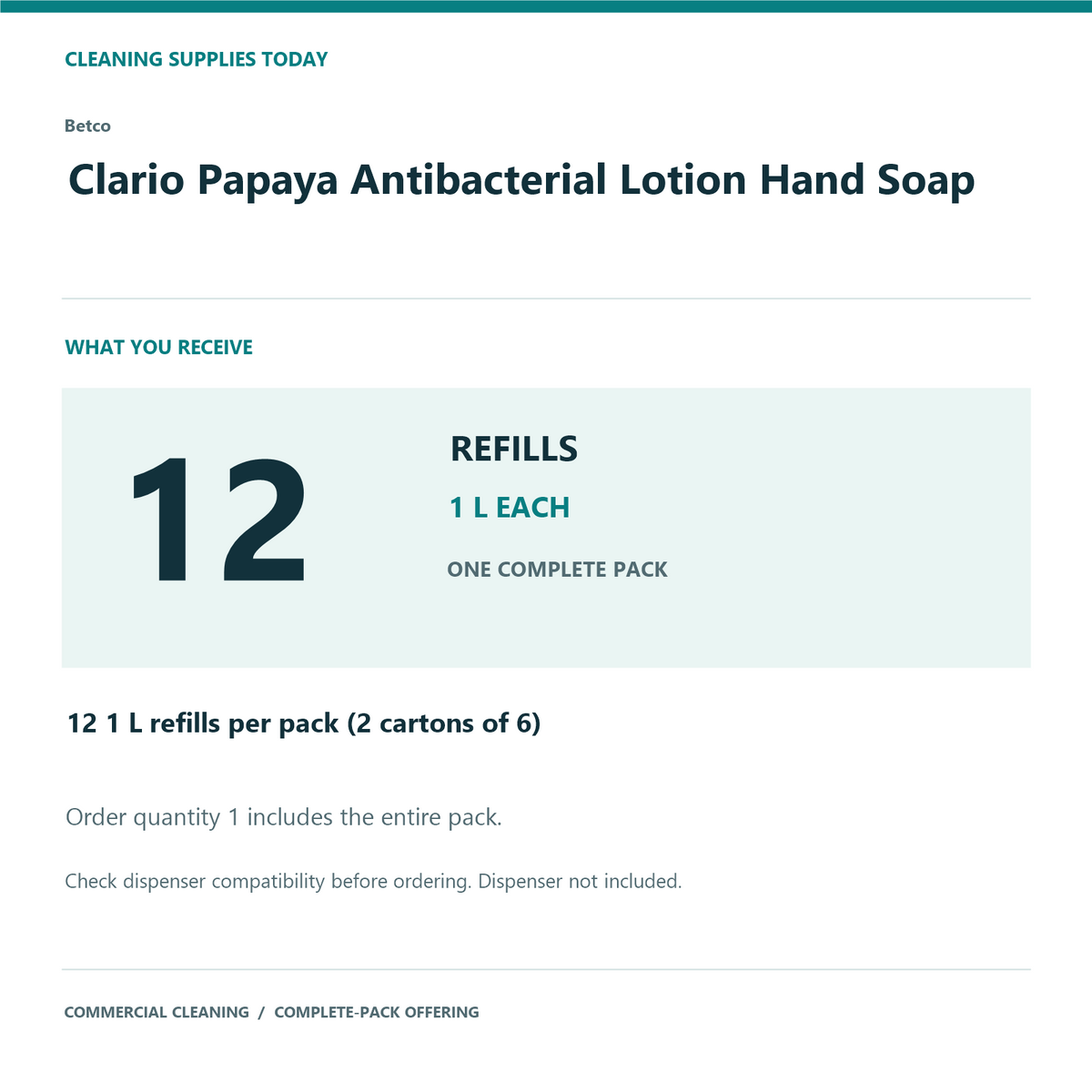 Betco Clario Papaya Antibacterial Lotion Hand Soap, 1 L – 12-Refill Pack – complete pack quantity