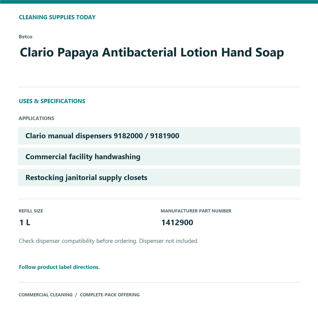 Betco Clario Papaya Antibacterial Lotion Hand Soap, 1 L – 12-Refill Pack – uses and product specifications