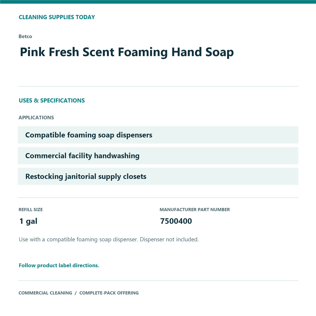Betco Pink Fresh Scent Foaming Hand Soap, 1 gal – 8-Bottle Pack – uses and product specifications