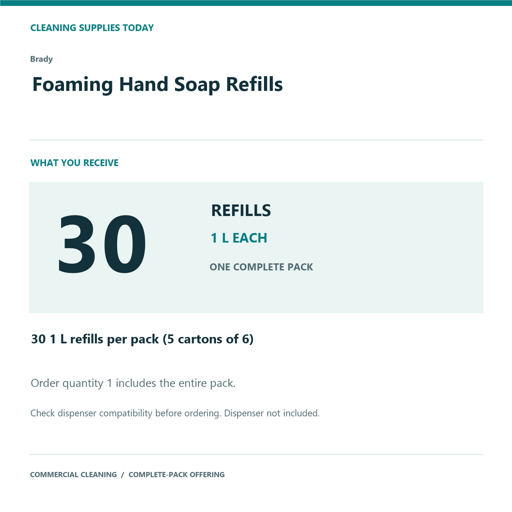 Brady Foaming Hand Soap Refills, 1 L – 30-Refill Pack – complete pack quantity