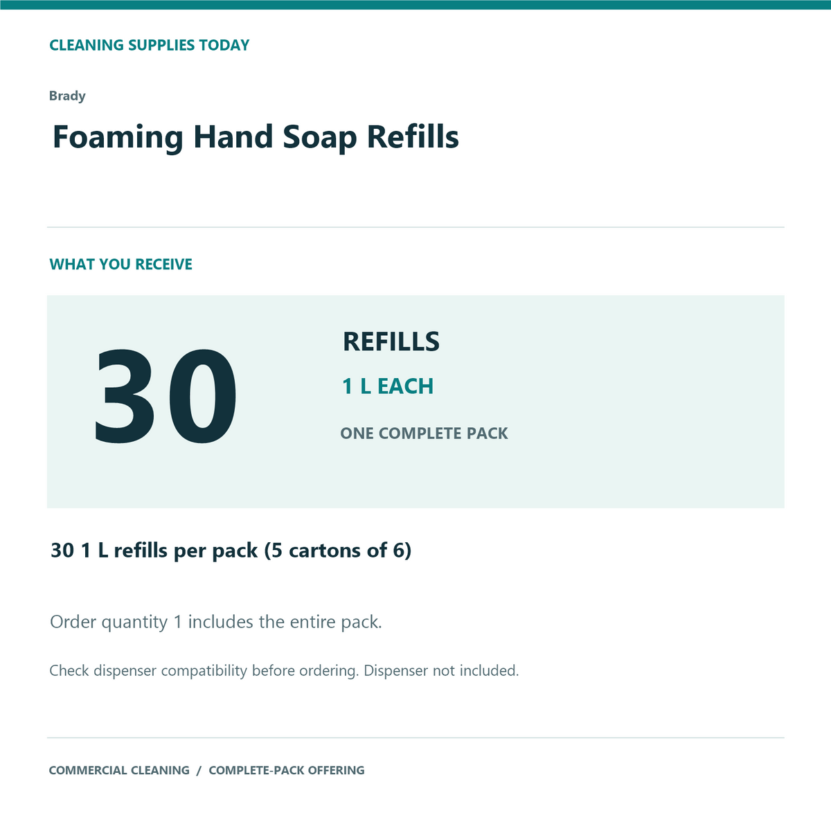 Brady Foaming Hand Soap Refills, 1 L – 30-Refill Pack – complete pack quantity