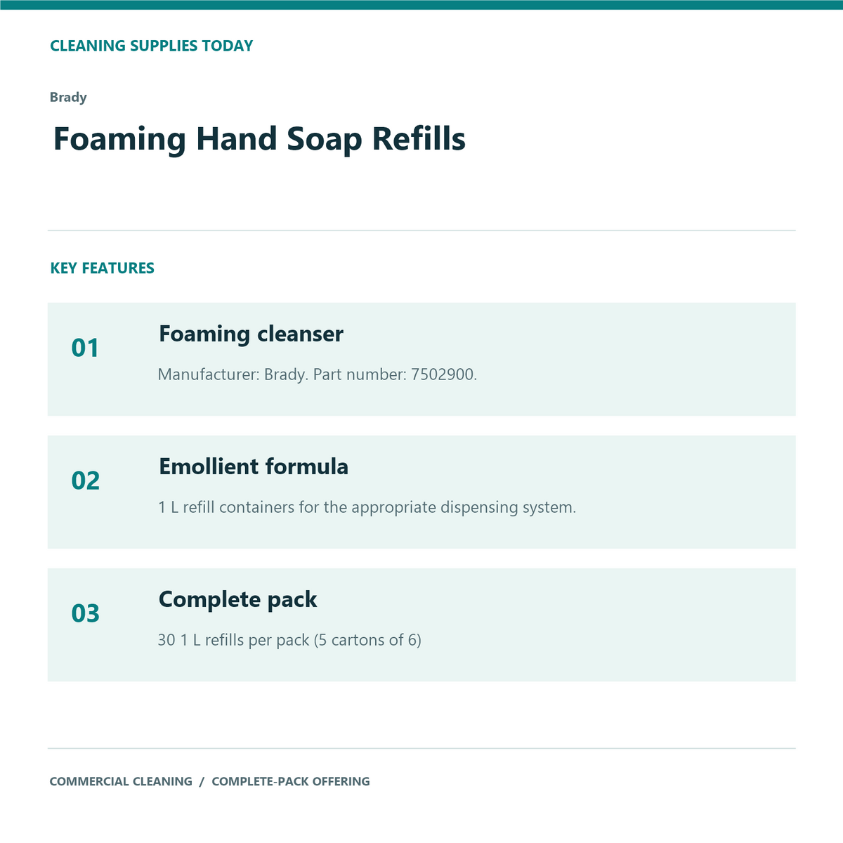 Brady Foaming Hand Soap Refills, 1 L – 30-Refill Pack – features and specifications