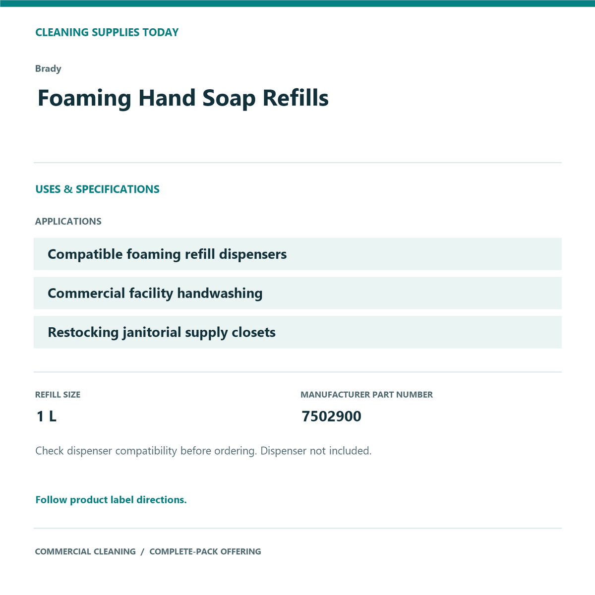 Brady Foaming Hand Soap Refills, 1 L – 30-Refill Pack – uses and product specifications