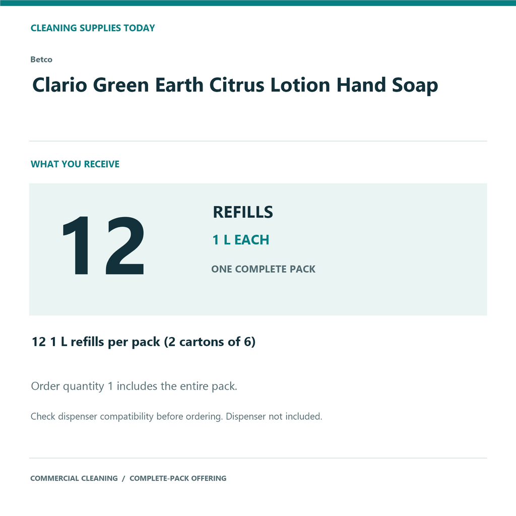 Betco Clario Green Earth Citrus Lotion Hand Soap, 1 L – 12-Refill Pack – complete pack quantity