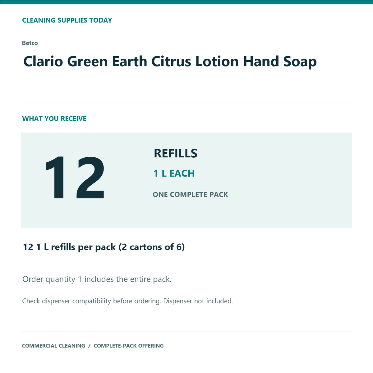 Betco Clario Green Earth Citrus Lotion Hand Soap, 1 L – 12-Refill Pack – complete pack quantity