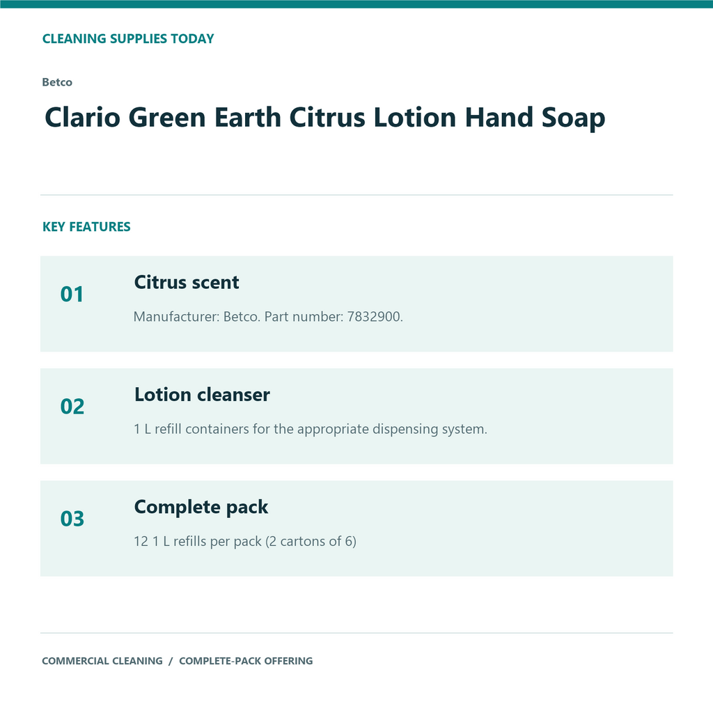 Betco Clario Green Earth Citrus Lotion Hand Soap, 1 L – 12-Refill Pack – features and specifications