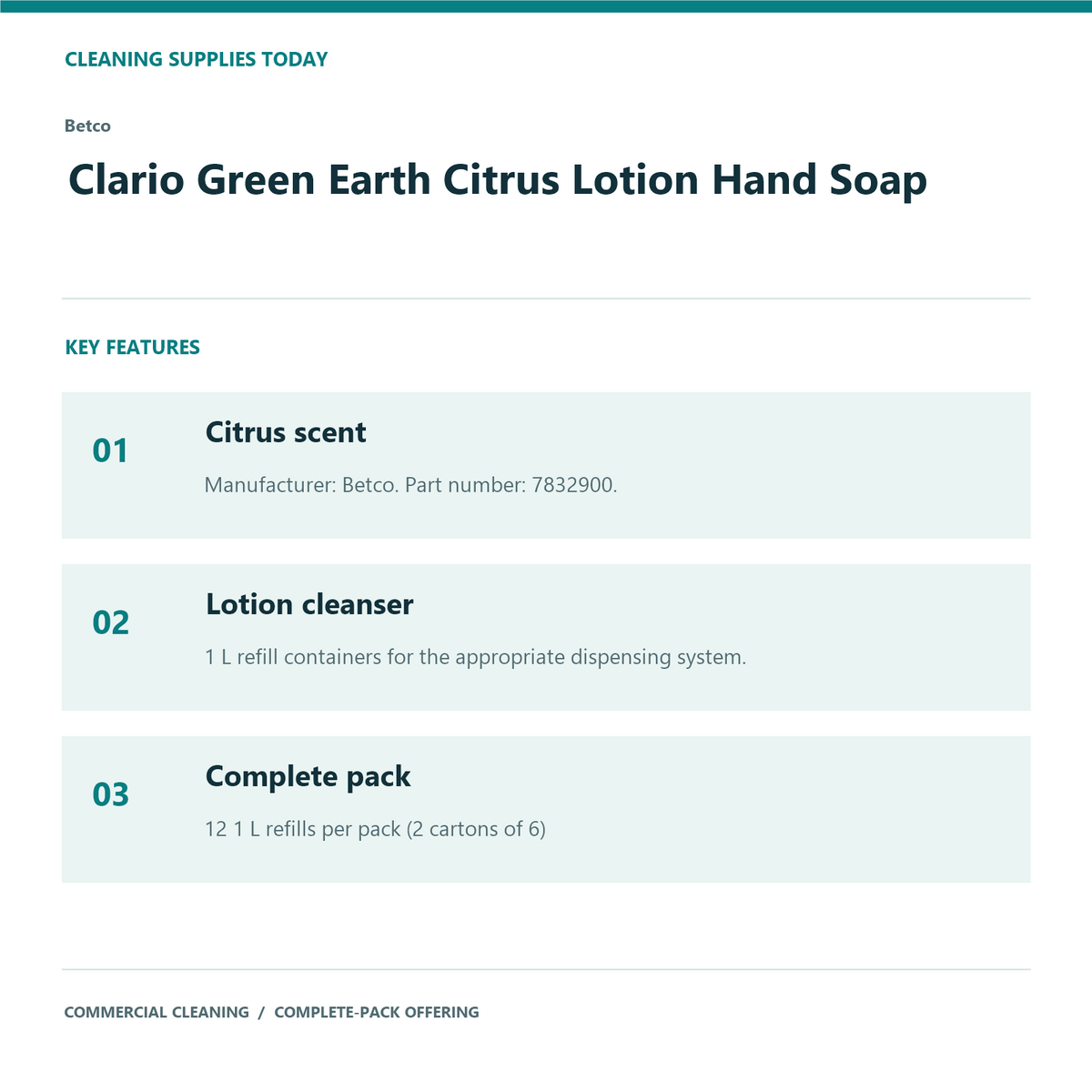 Betco Clario Green Earth Citrus Lotion Hand Soap, 1 L – 12-Refill Pack – features and specifications