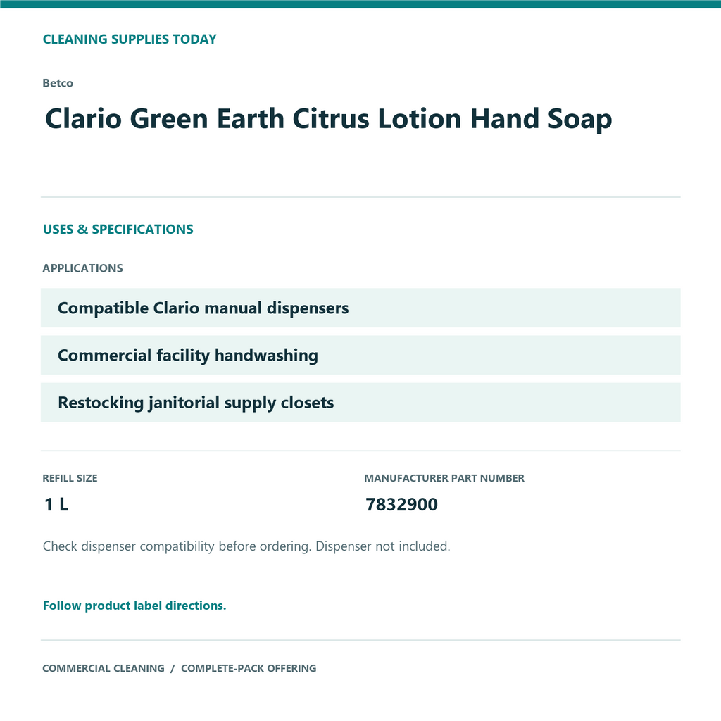Betco Clario Green Earth Citrus Lotion Hand Soap, 1 L – 12-Refill Pack – uses and product specifications