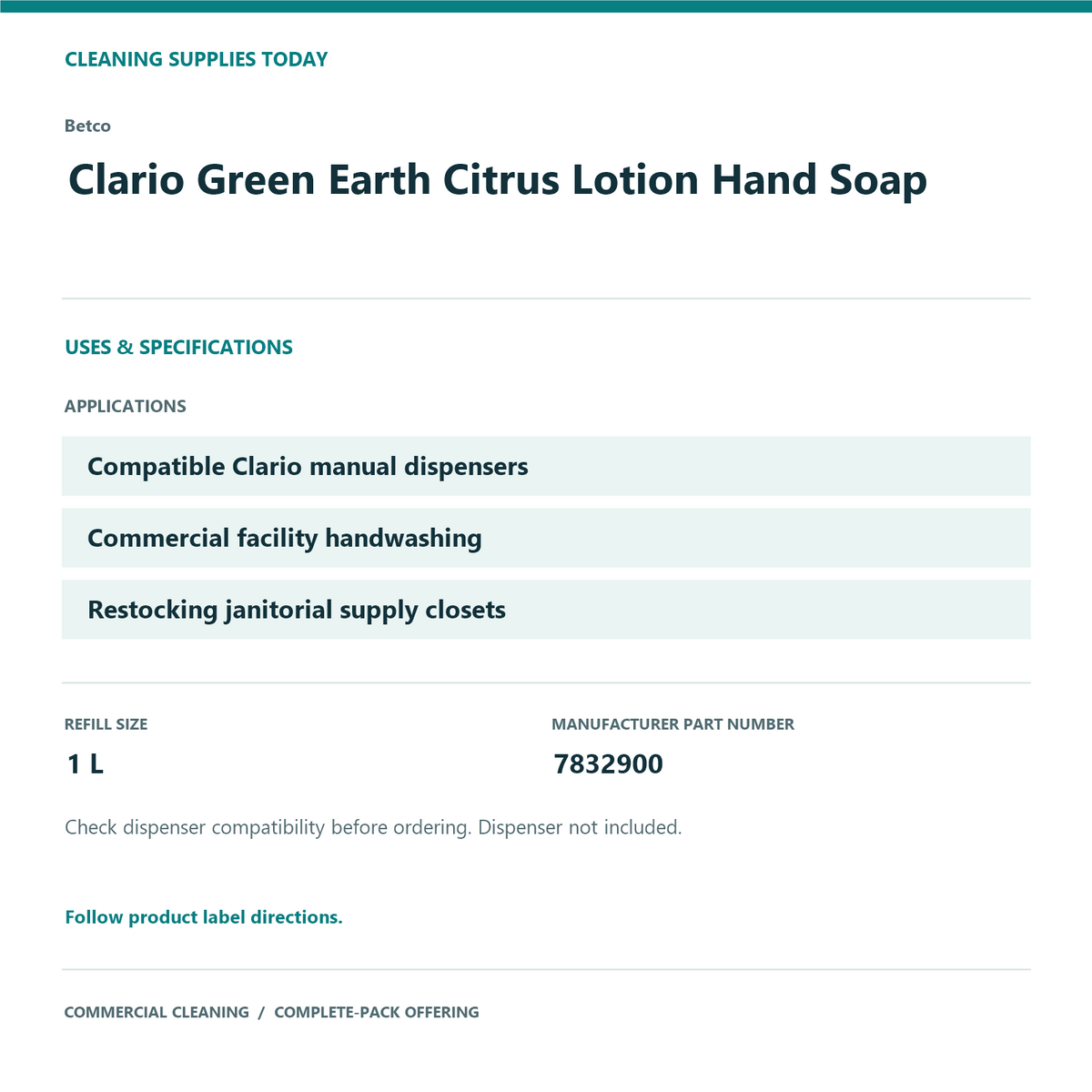 Betco Clario Green Earth Citrus Lotion Hand Soap, 1 L – 12-Refill Pack – uses and product specifications