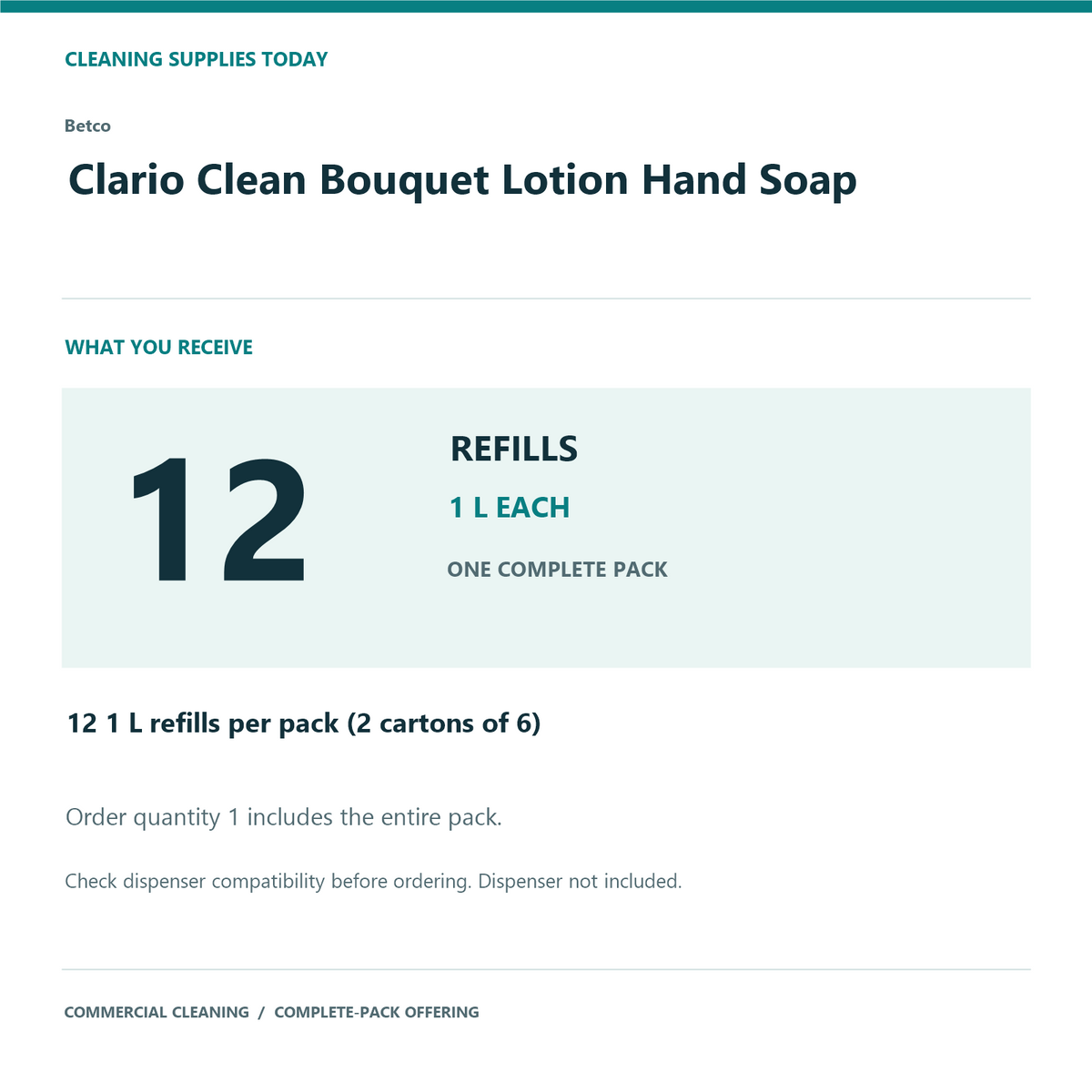 Betco Clario Clean Bouquet Lotion Hand Soap, 1 L – 12-Refill Pack – complete pack quantity