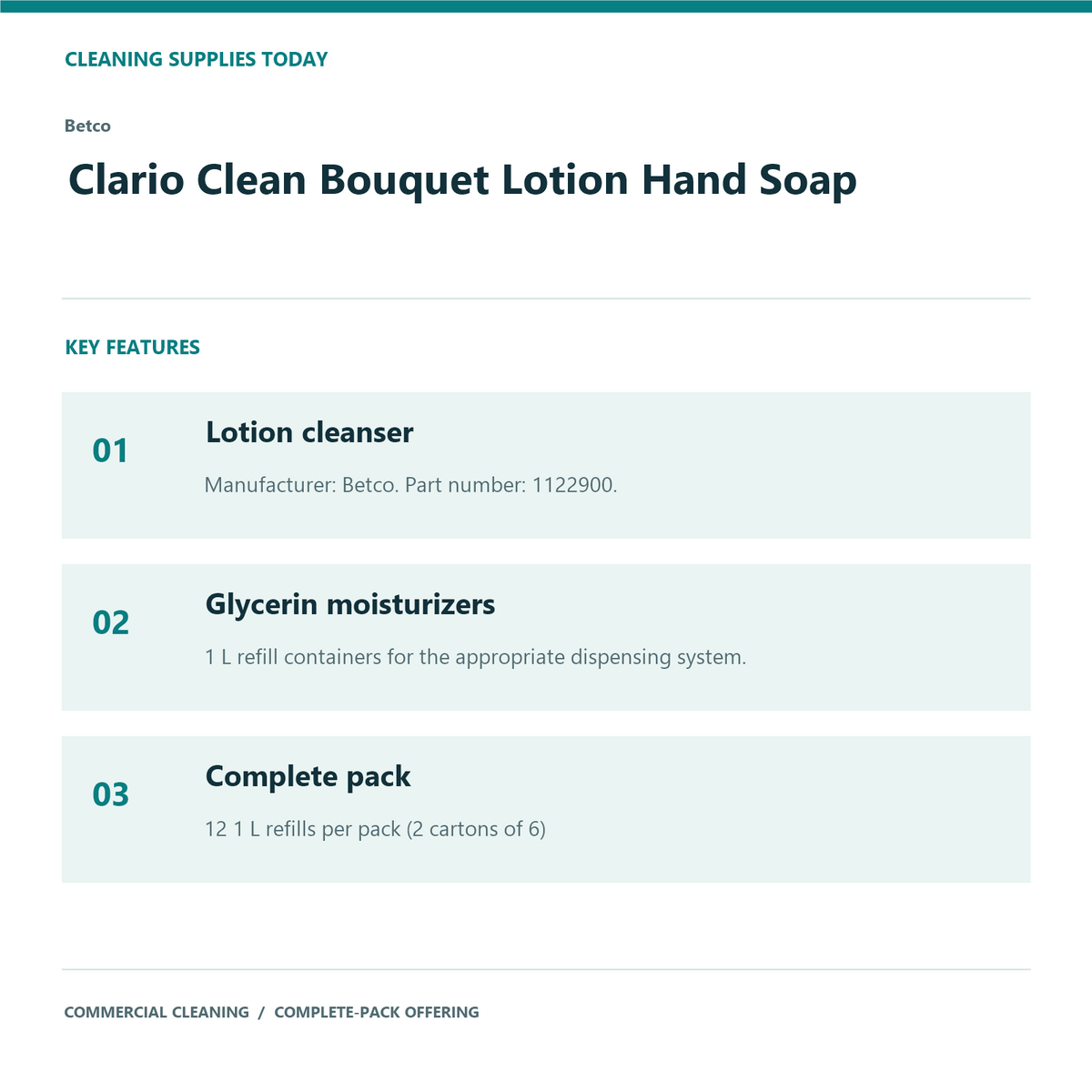 Betco Clario Clean Bouquet Lotion Hand Soap, 1 L – 12-Refill Pack – features and specifications