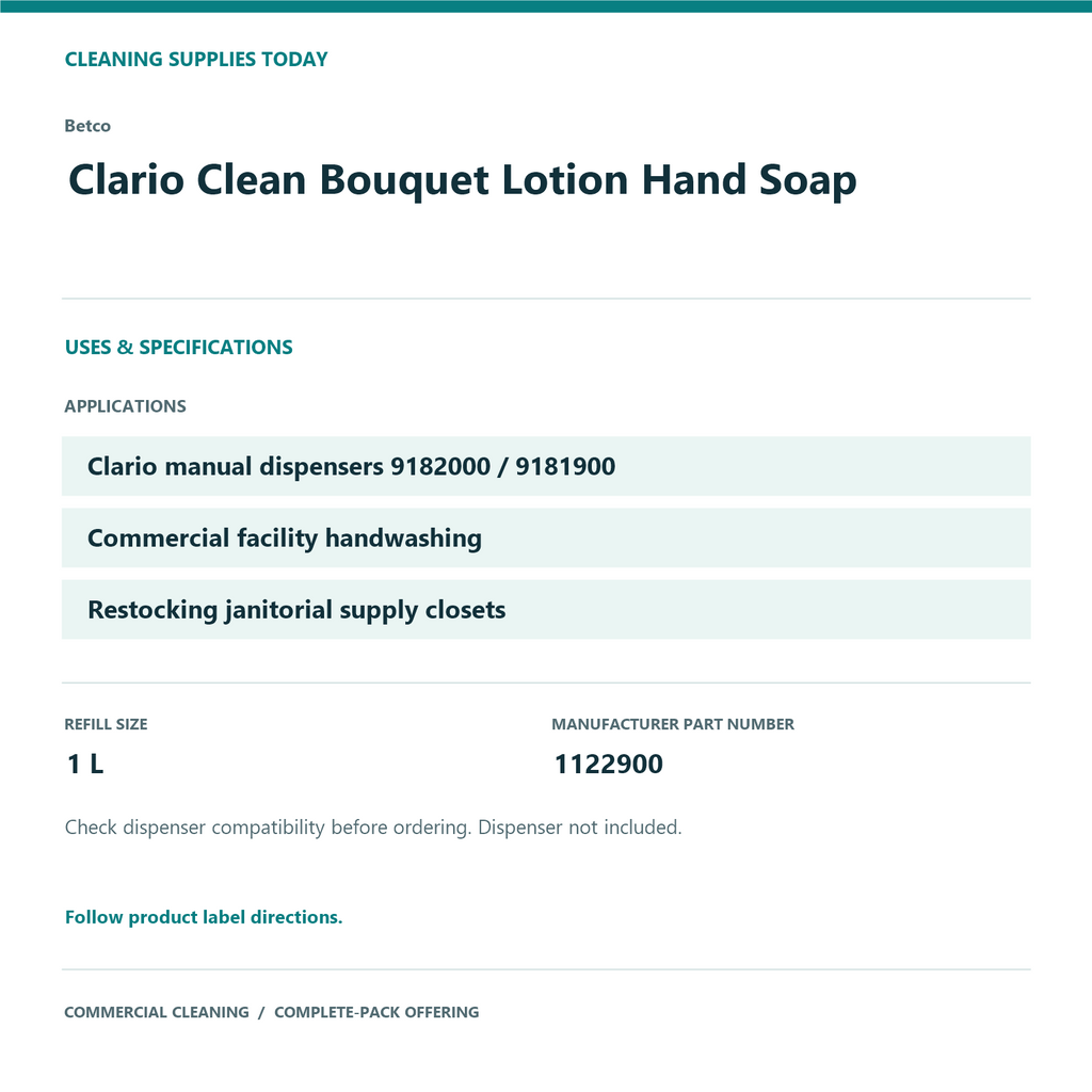 Betco Clario Clean Bouquet Lotion Hand Soap, 1 L – 12-Refill Pack – uses and product specifications