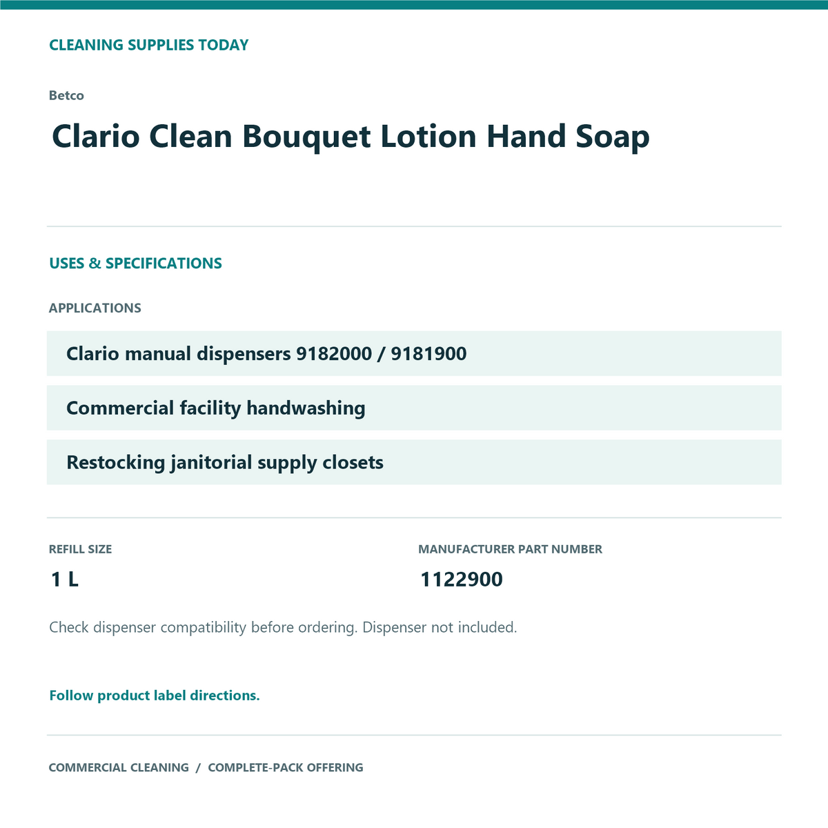 Betco Clario Clean Bouquet Lotion Hand Soap, 1 L – 12-Refill Pack – uses and product specifications