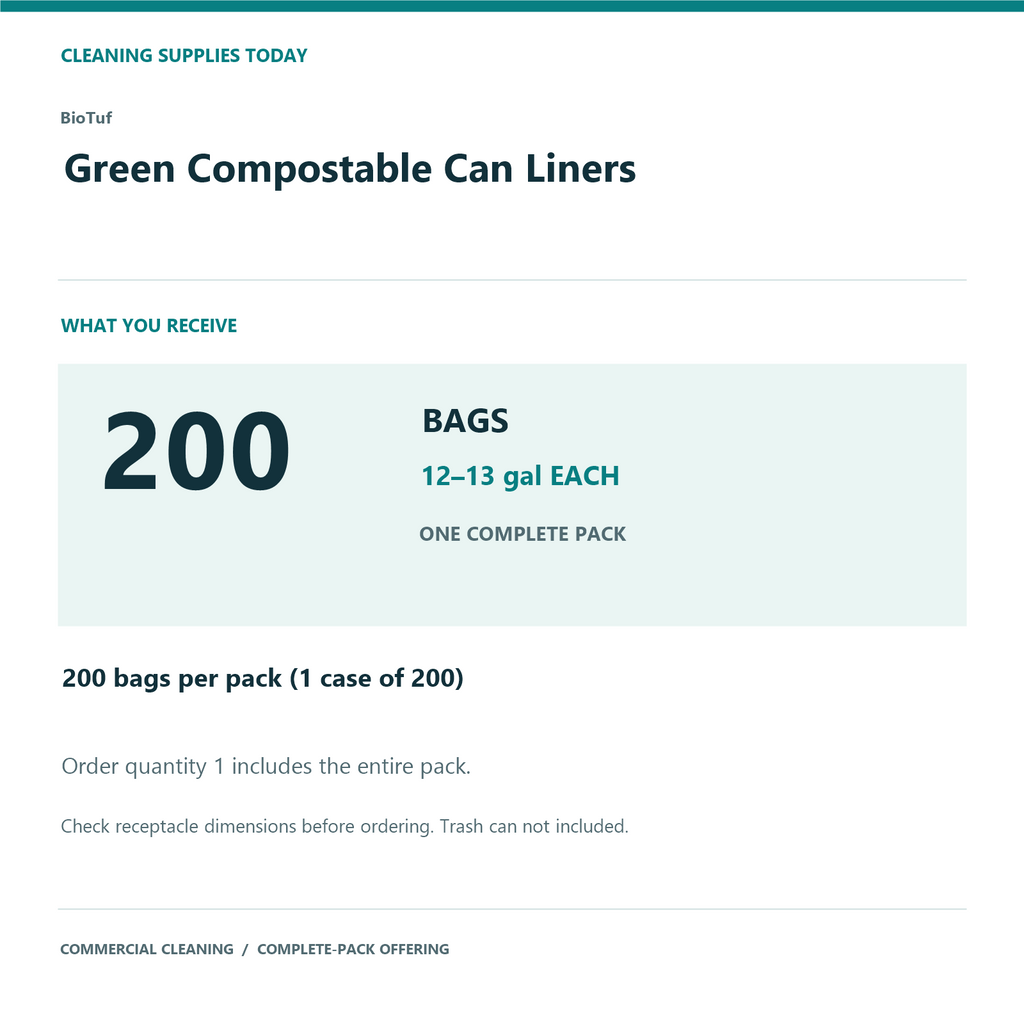 BioTuf Green Compostable Can Liners, 12–13 gal, 1 mil – 200 Bags/Case – complete pack quantity