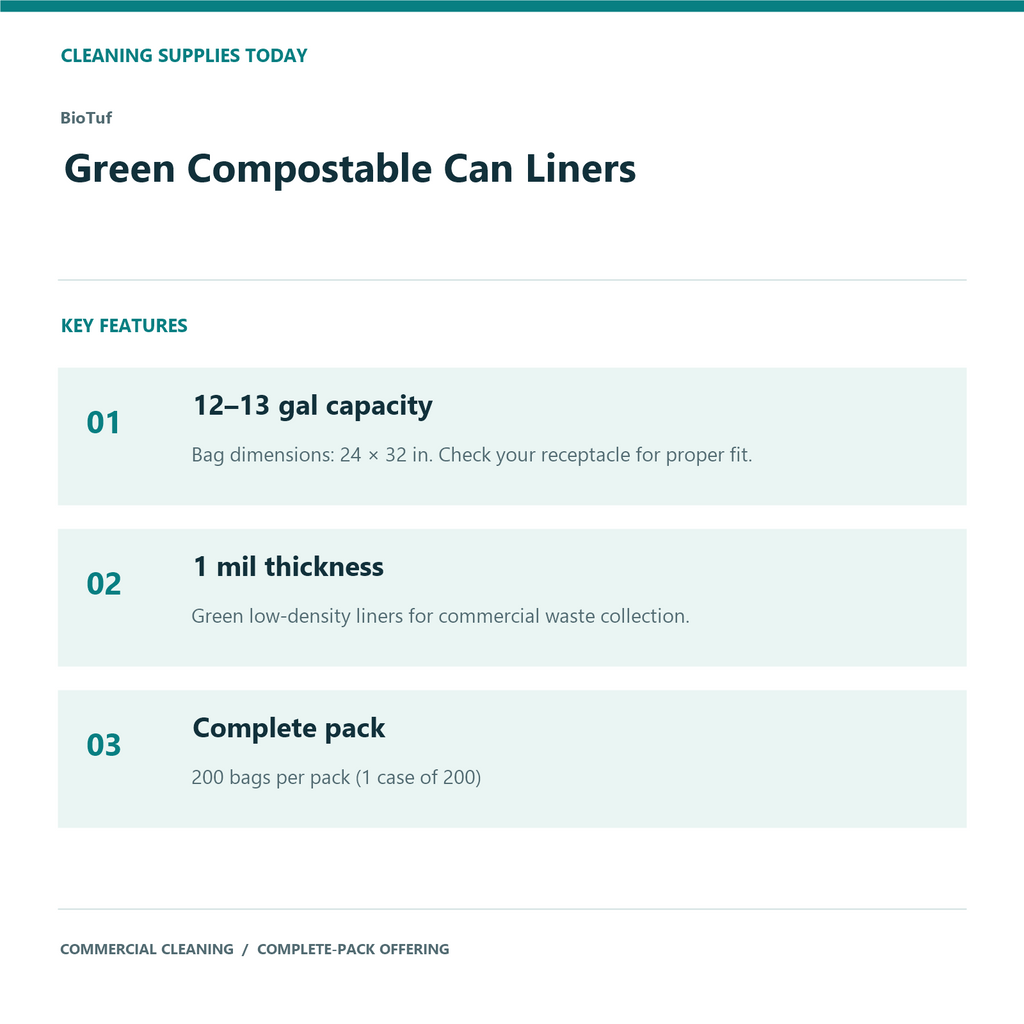 BioTuf Green Compostable Can Liners, 12–13 gal, 1 mil – 200 Bags/Case – features and specifications