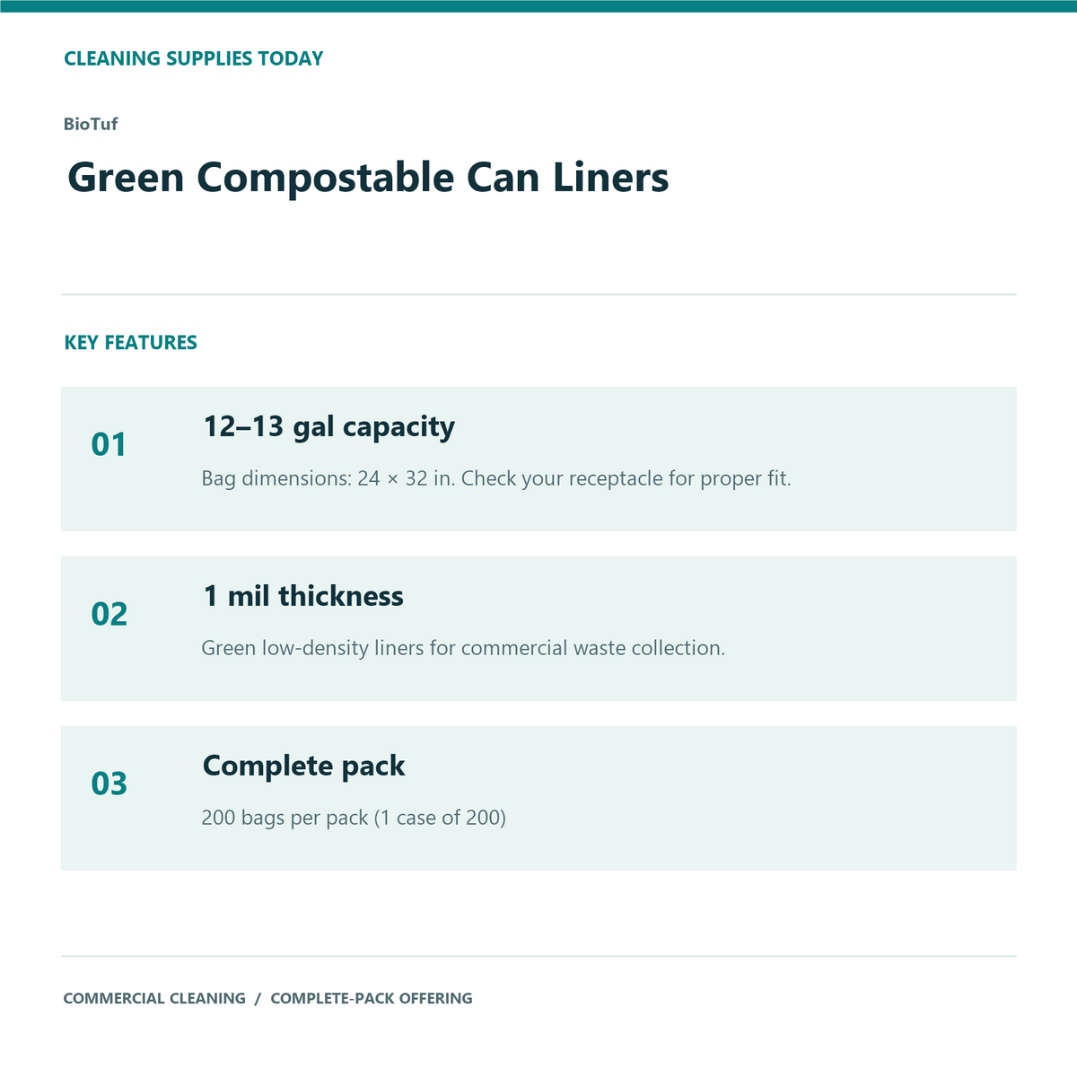 BioTuf Green Compostable Can Liners, 12–13 gal, 1 mil – 200 Bags/Case – features and specifications