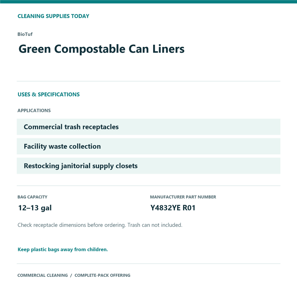 BioTuf Green Compostable Can Liners, 12–13 gal, 1 mil – 200 Bags/Case – uses and product specifications
