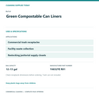 BioTuf Green Compostable Can Liners, 12–13 gal, 1 mil – 200 Bags/Case – uses and product specifications
