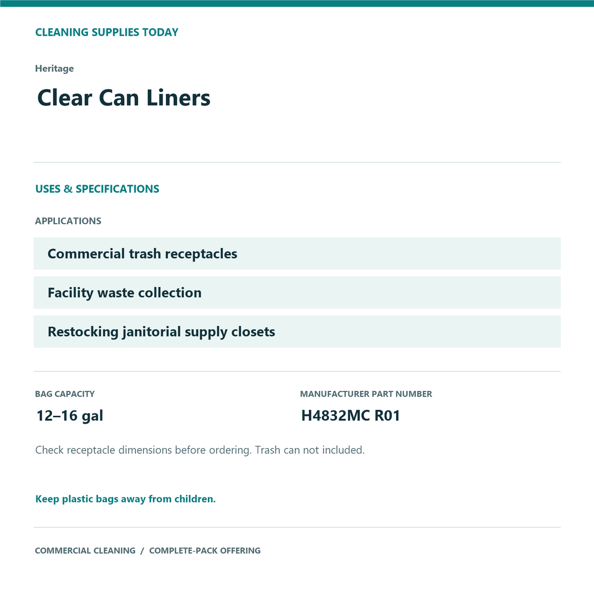 Heritage Clear Can Liners, 12–16 gal, 0.5 mil – 1,000 Bags (2 Cases) – uses and product specifications