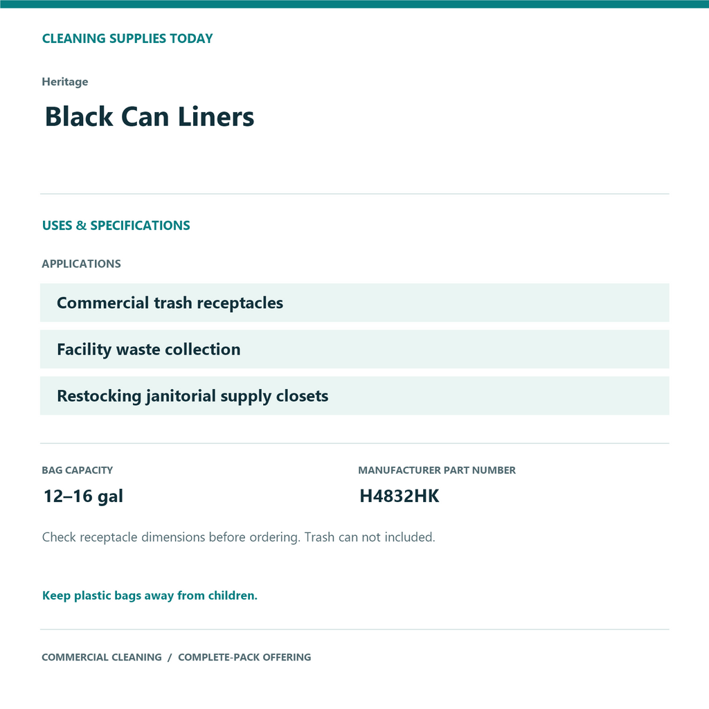 Heritage Black Can Liners, 12–16 gal, 0.7 mil – 500 Bags/Case – uses and product specifications