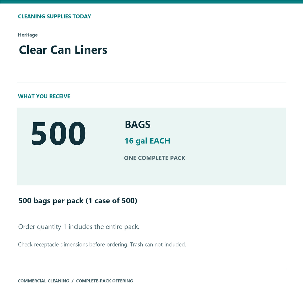 Heritage Clear Can Liners, 16 gal, 0.7 mil – 500 Bags/Case – complete pack quantity