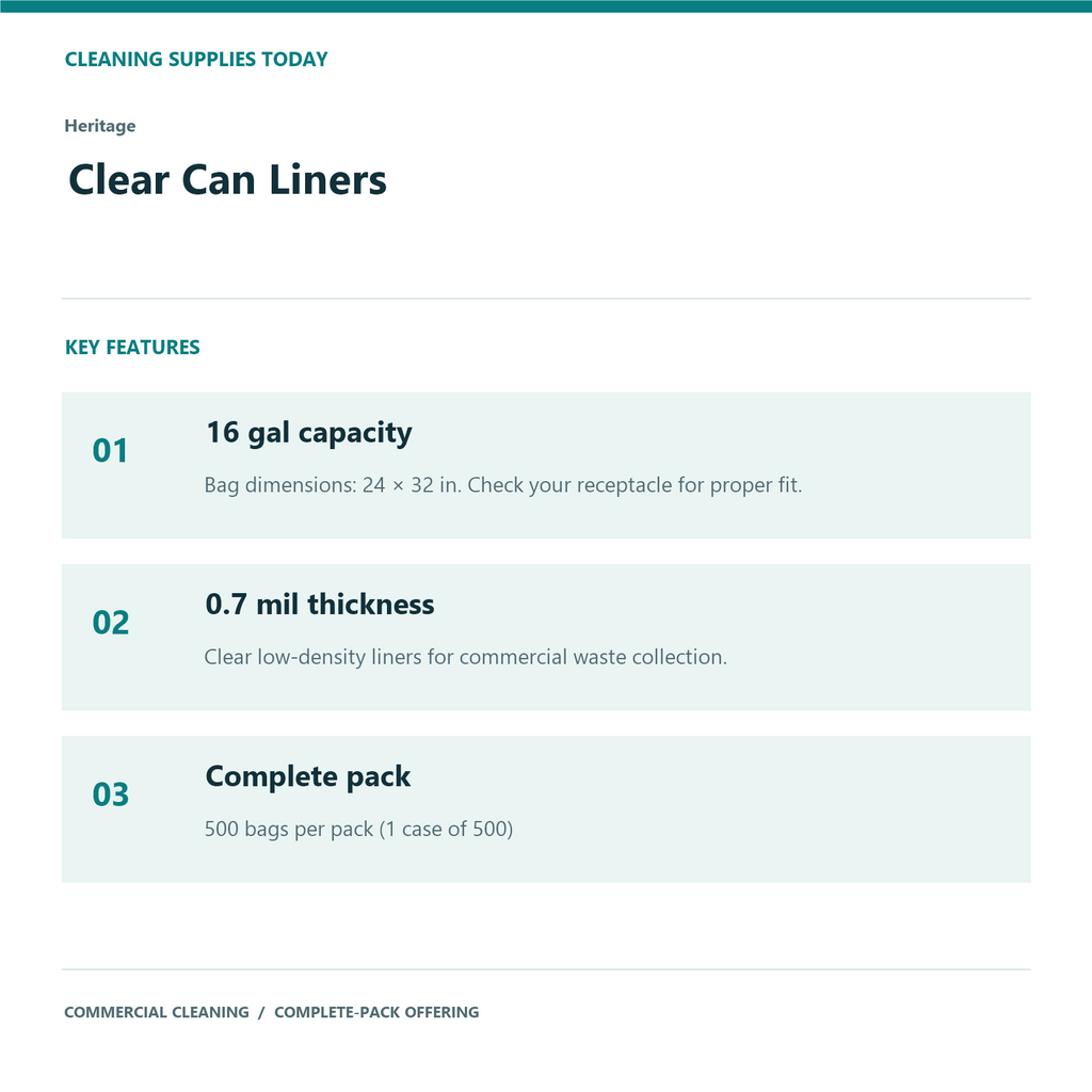 Heritage Clear Can Liners, 16 gal, 0.7 mil – 500 Bags/Case – features and specifications