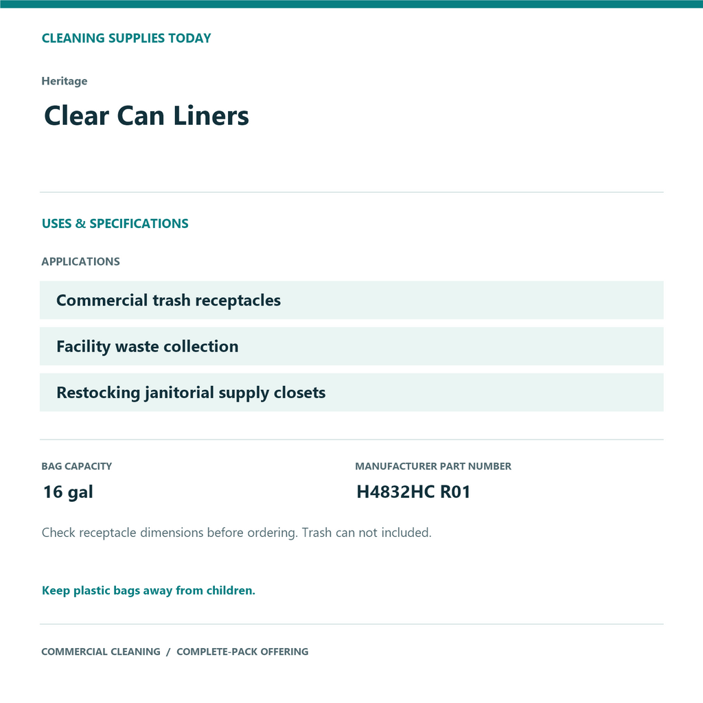 Heritage Clear Can Liners, 16 gal, 0.7 mil – 500 Bags/Case – uses and product specifications