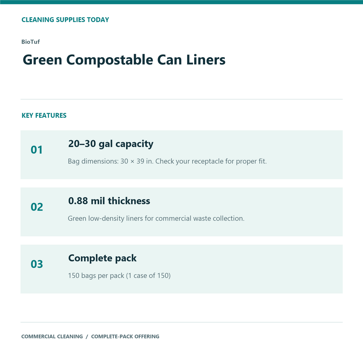 BioTuf Green Compostable Can Liners, 20–30 gal, 0.88 mil – 150 Bags/Case – features and specifications