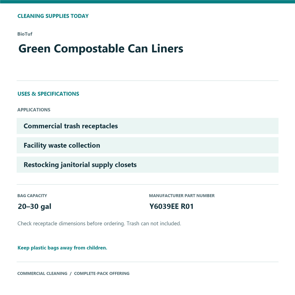 BioTuf Green Compostable Can Liners, 20–30 gal, 0.88 mil – 150 Bags/Case – uses and product specifications