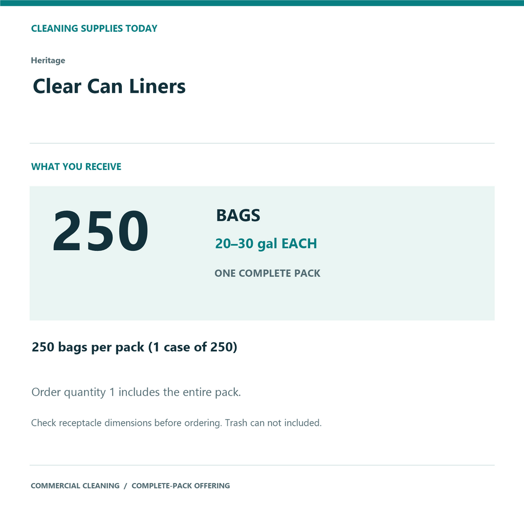 Heritage Clear Can Liners, 20–30 gal, 1.1 mil – 250 Bags/Case – complete pack quantity