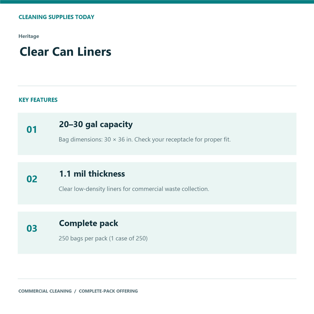 Heritage Clear Can Liners, 20–30 gal, 1.1 mil – 250 Bags/Case – features and specifications