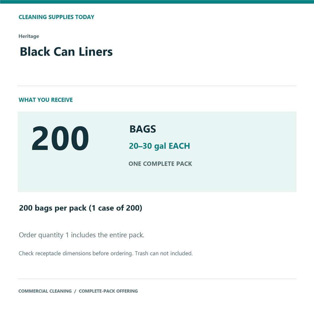 Heritage Black Can Liners, 20–30 gal, 1.25 mil – 200 Bags/Case – complete pack quantity