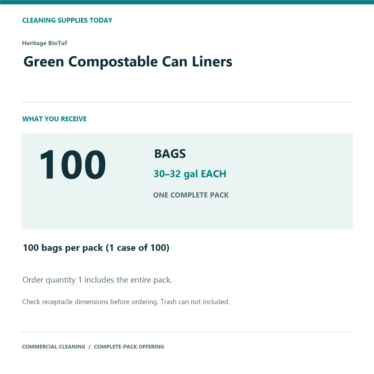 Heritage BioTuf Green Compostable Can Liners, 30–32 gal, 1 mil – 100 Bags/Case – complete pack quantity