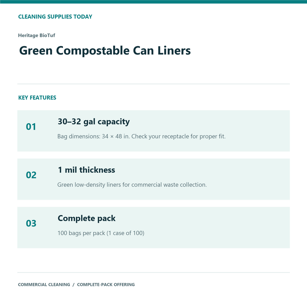 Heritage BioTuf Green Compostable Can Liners, 30–32 gal, 1 mil – 100 Bags/Case – features and specifications